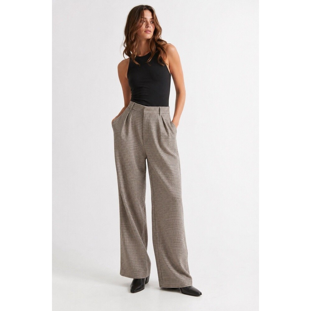 CIDER NWT XS Houndstooth Pleated High Rise Wide Leg Trouser Pants Brown Office